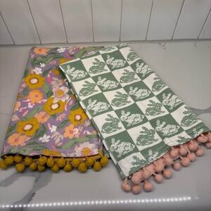 Floral and Checkered Tea Towels with Pom Poms NEW-Set of 2